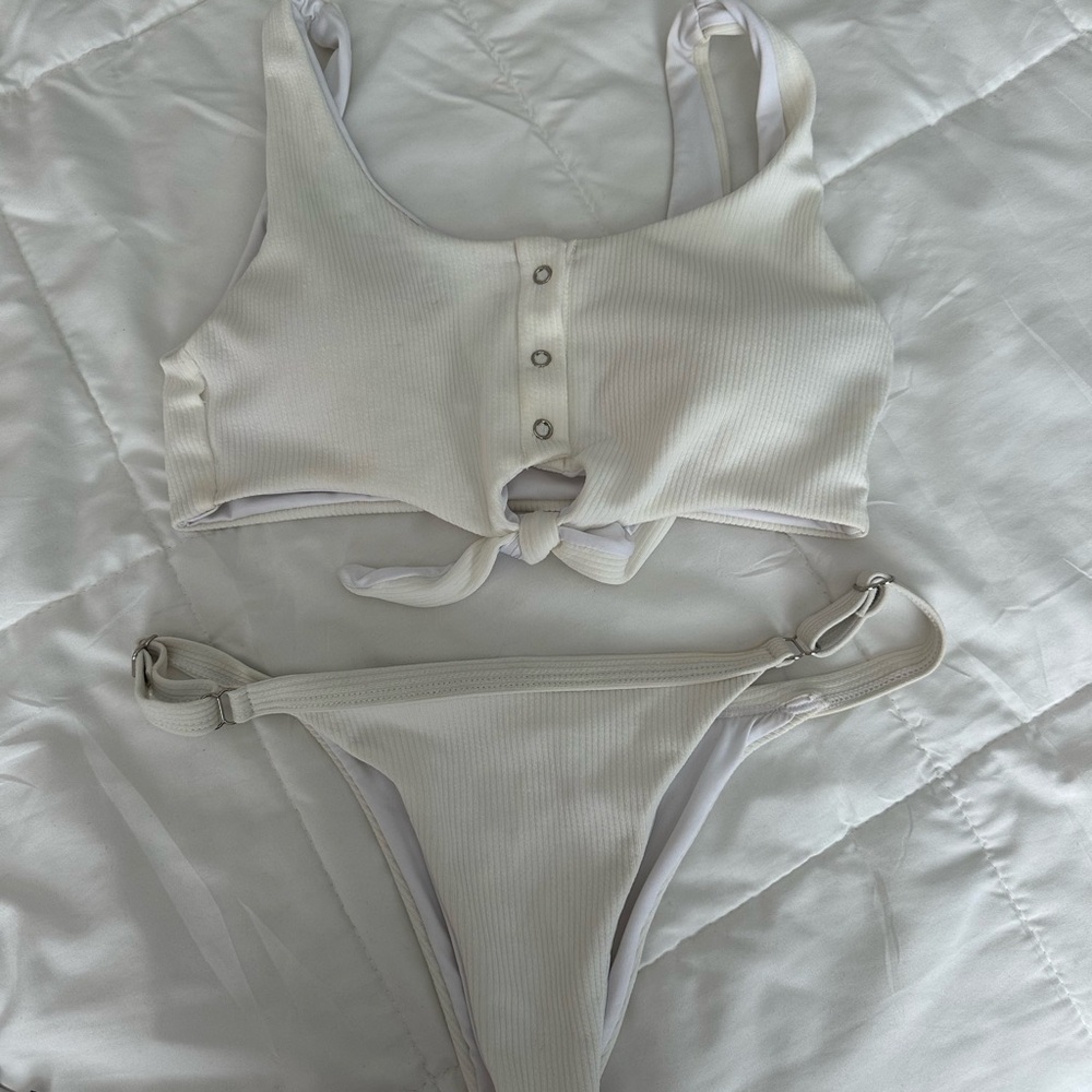 Women's Ribbed Scoop Tank Bikini Set - White